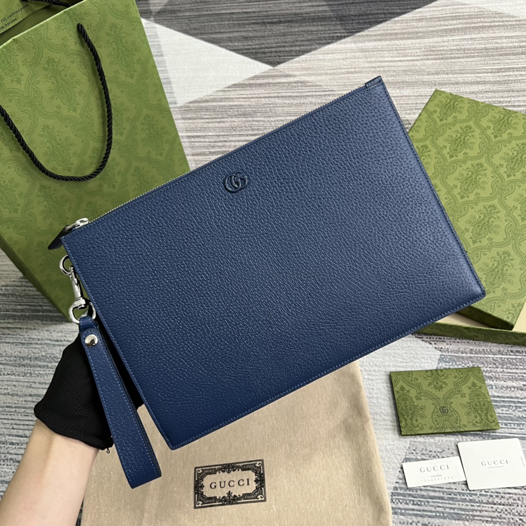 GUCCI Clutch Bag Smooth Leather Double G Hardware Detachable Wrist Strap Card Compartment