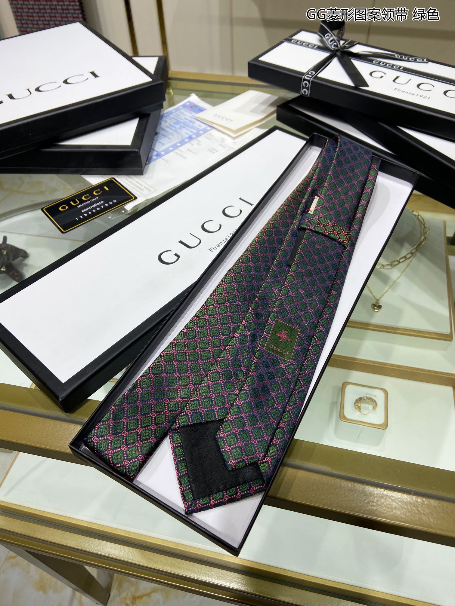 GUCCI古驰100%顶级提花真丝GG菱形图案领带571800