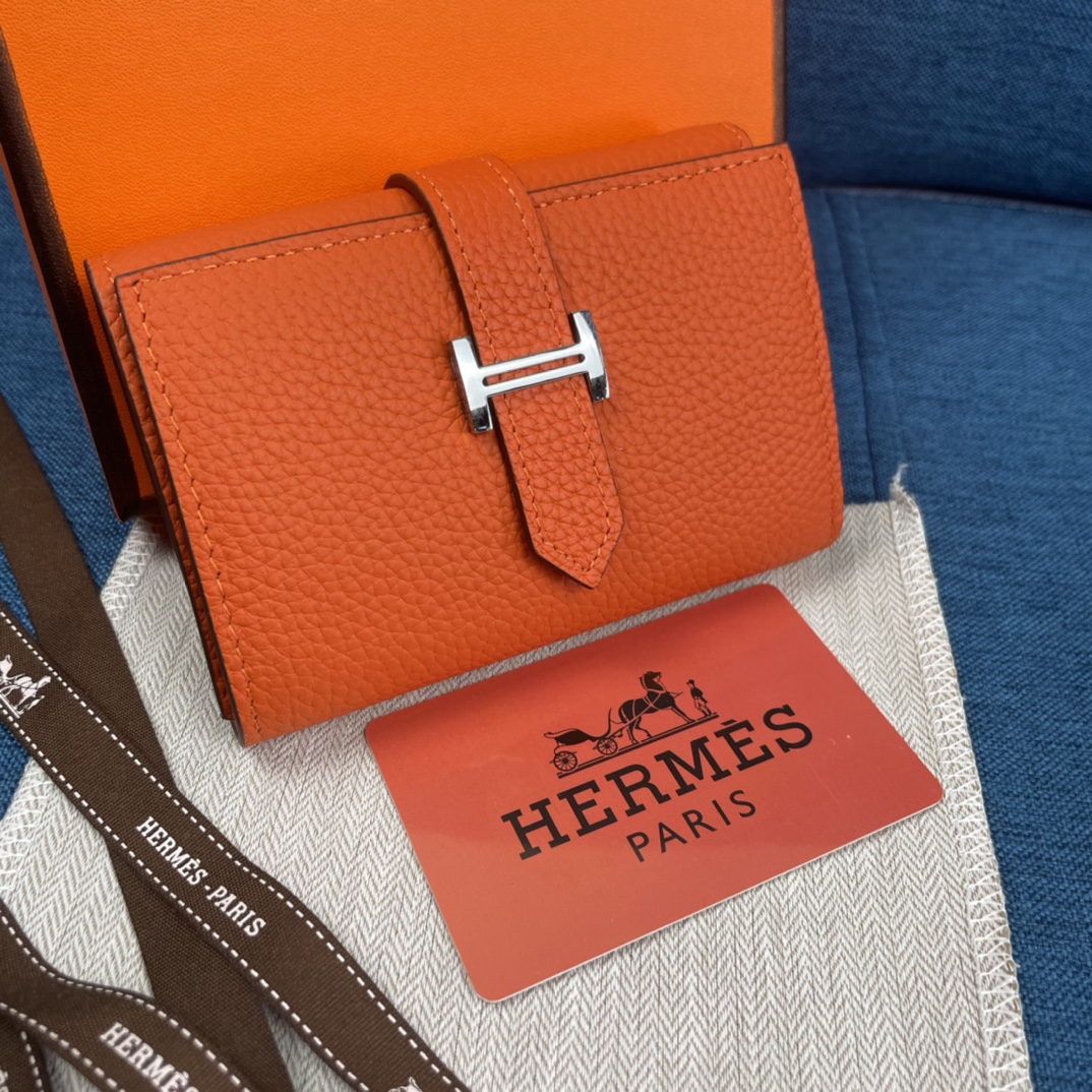 Hermes Togo Leather Tri-Fold Wallet with Pocket - Orange, 10 x 12 CM
