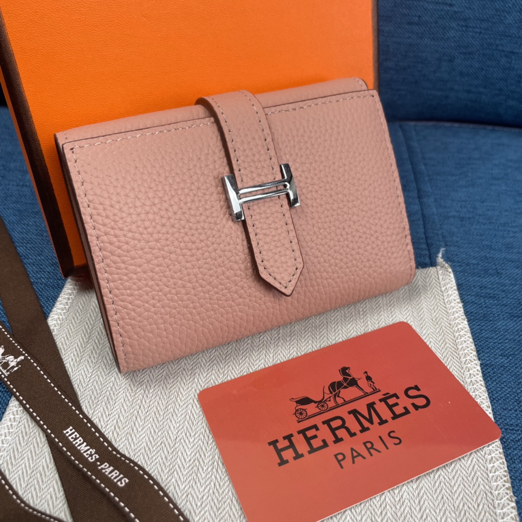 Hermes Togo Leather Tri-Fold Wallet, Compact Design, 10x12 CM, Pink