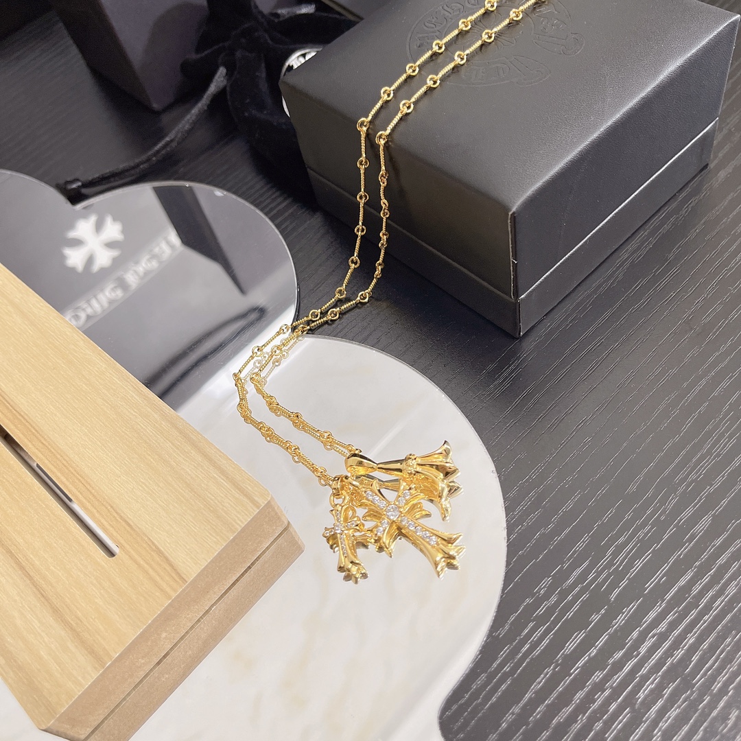 Chrome Hearts 双十字架镶钻吊坠 个性短款项链男女潮流小众配饰