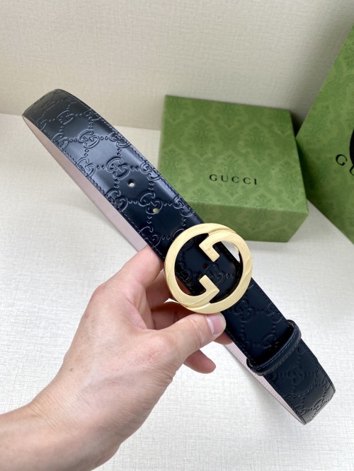 Gucci Interlocking G Belt - Black Leather with Gold Buckle, 4.0cm Width