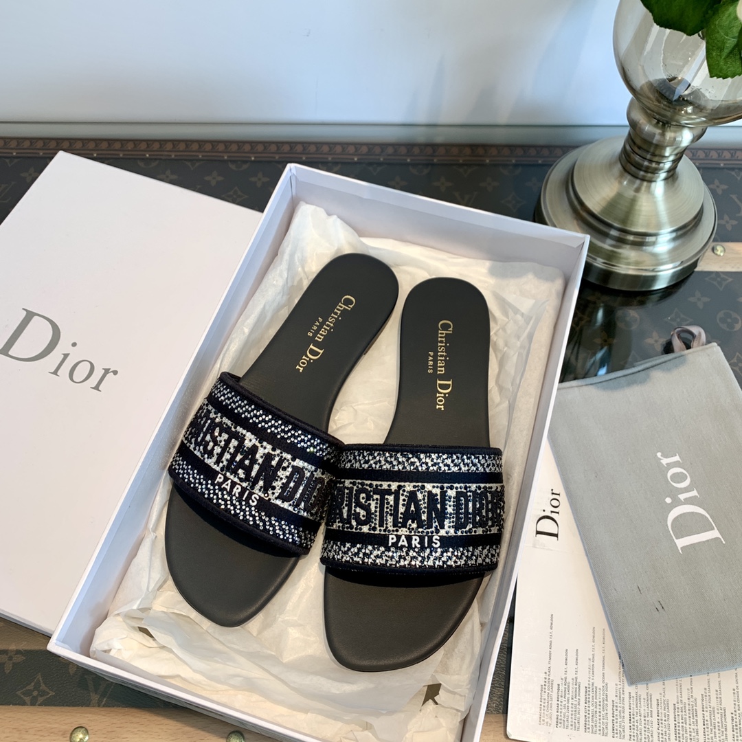 Dior Shoes Slippers Embroidery Cowhide Genuine Leather Summer Collection