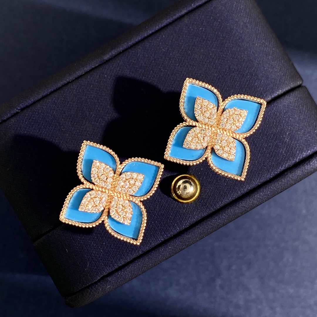 Boucles d'oreilles Roberto Coin Princess Flower Or rose avec pavé de diamants disponibles en options d'incrustations de nacre lapis lazuli et turquoise Diamètre de tige de 15 mm
