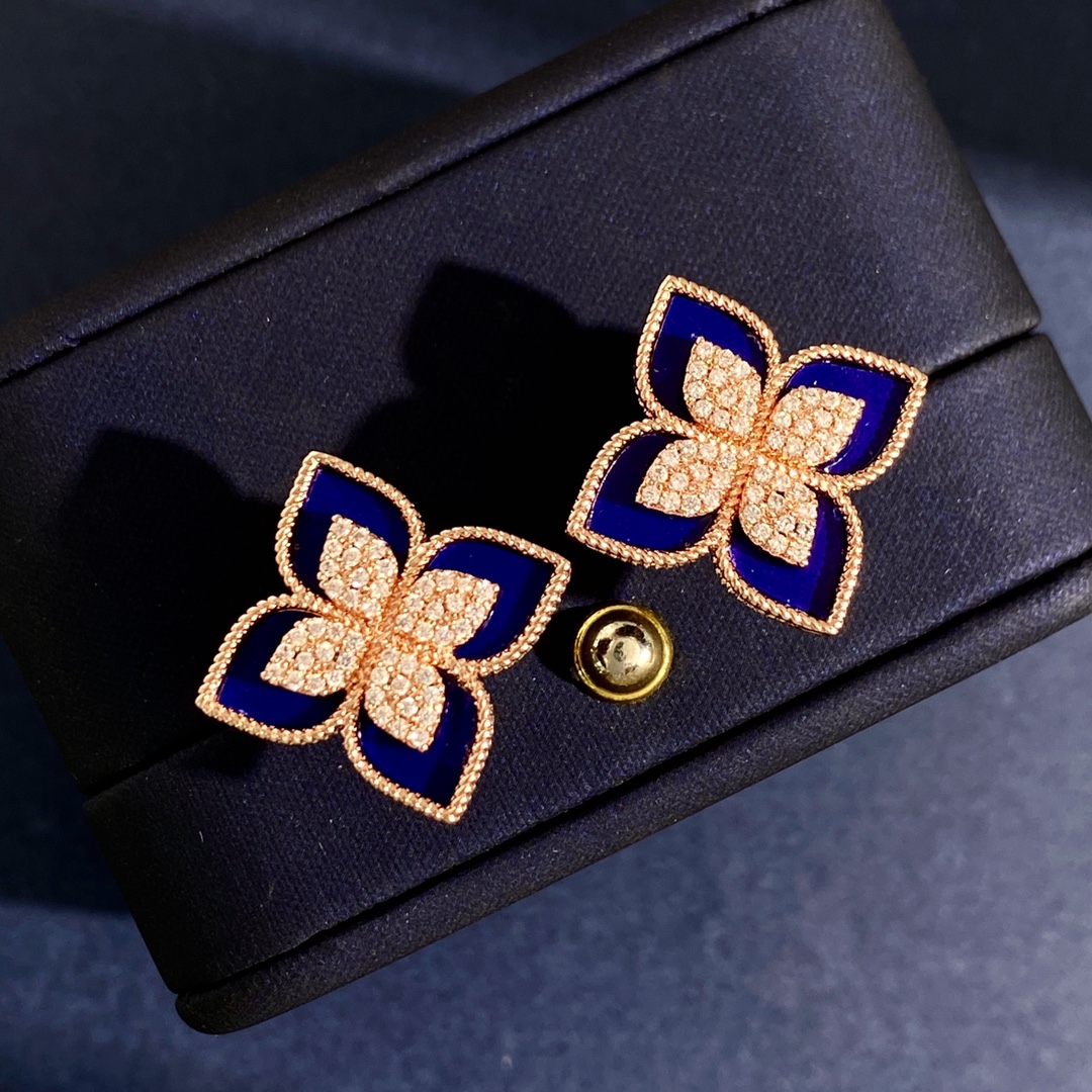 Roberto Coin Princess Flower earrings Rose gold with diamond pave available in mother-of-pearl lapis lazuli and turquoise inlay options 15mm stud diameter