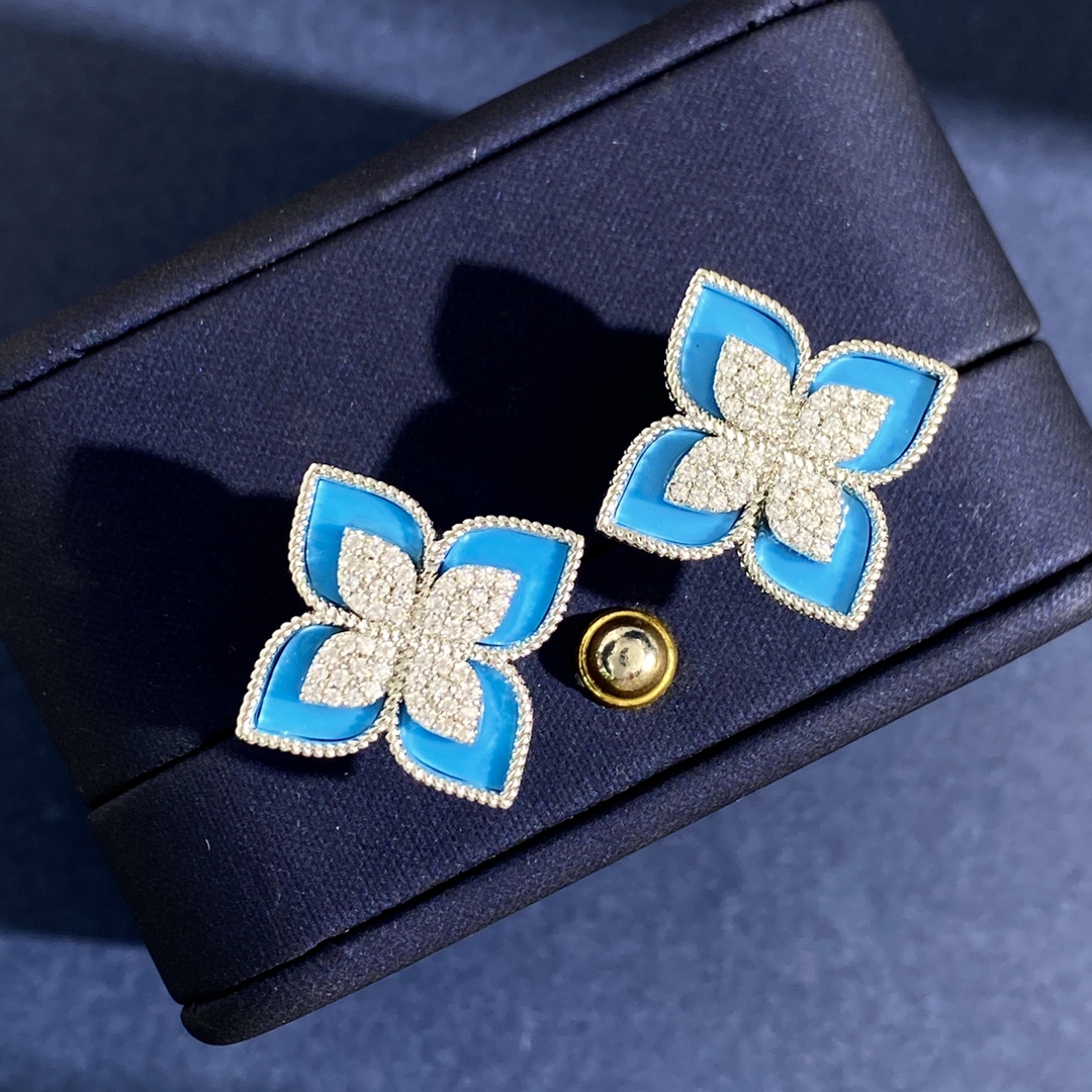 Roberto Coin Love in Verona earrings 18k white gold with diamond pave and colored enamel blue turquoise black variants 15mm