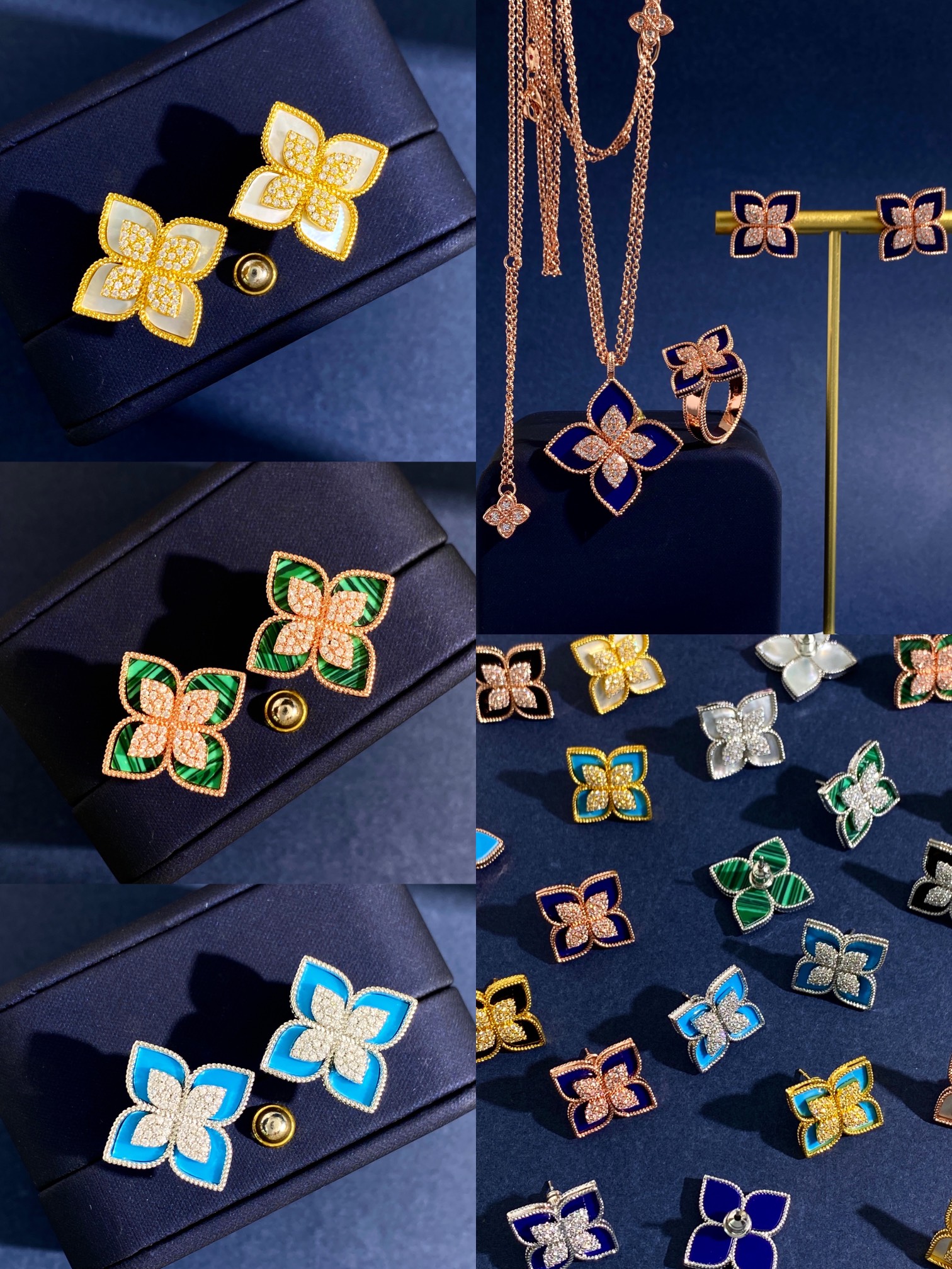 Roberto Coin Princess Flower earrings Available in rose gold yellow gold and white gold metal options with center pave diamonds and inlay options of white mother-of-pearl blue lapis lazuli turquoise green malachite and black onyx 15mm stud diameter