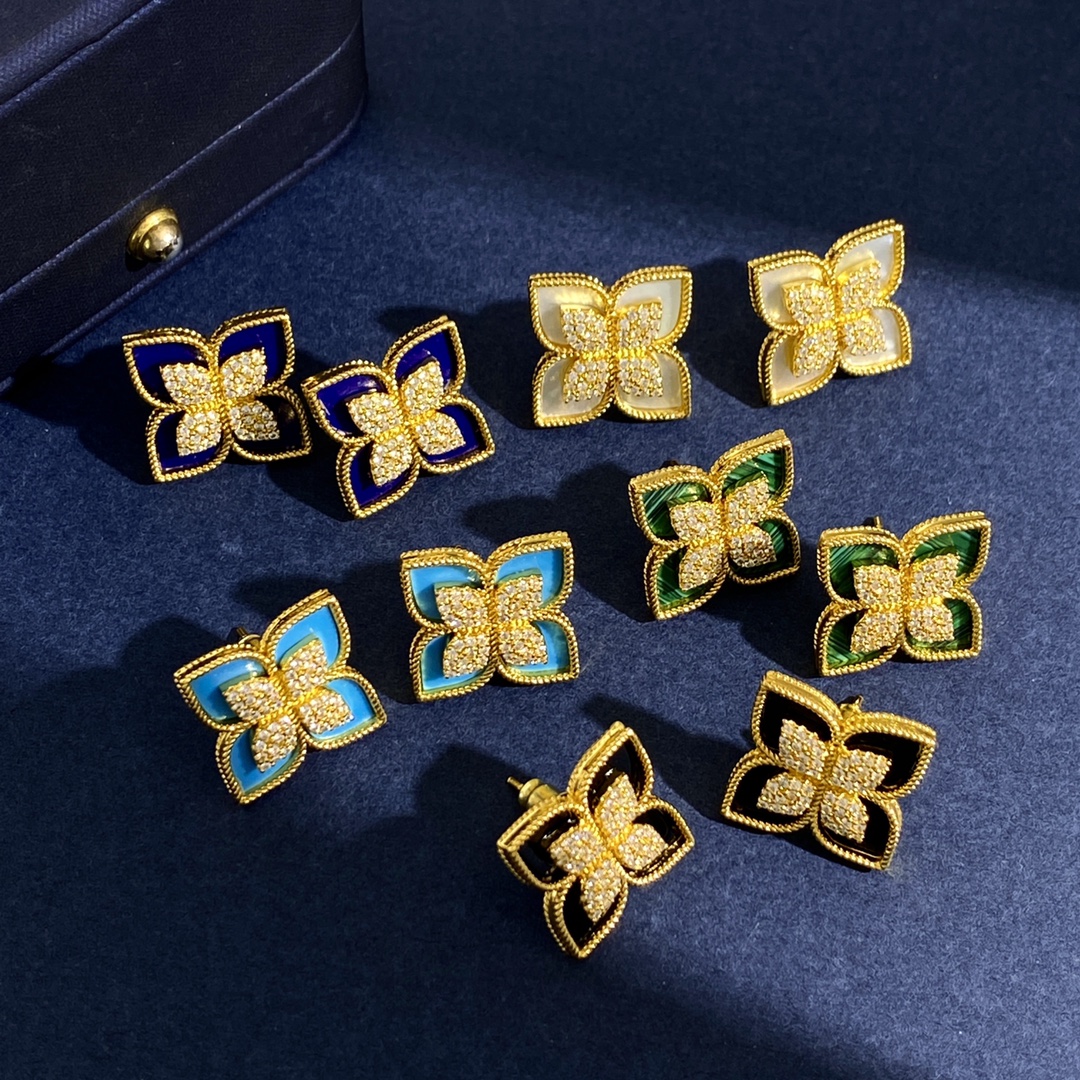 Roberto Coin Princess Flower earrings Available in rose gold yellow gold and white gold metal options with center pave diamonds and inlay options of white mother-of-pearl blue lapis lazuli turquoise green malachite and black onyx 15mm stud diameter