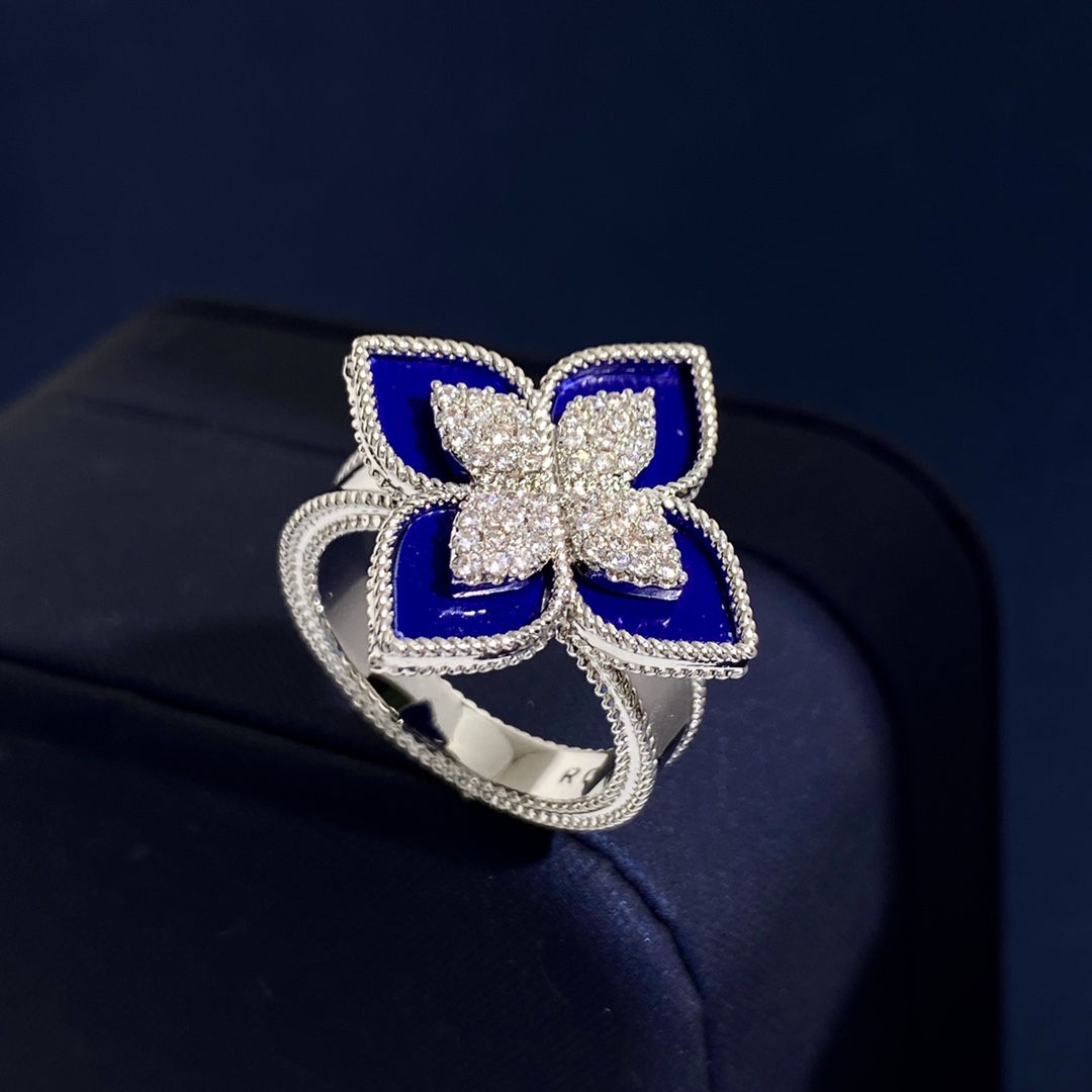 Roberto Coin Princess Flower ring White gold with turquoise blue enamel malachite and diamond accents US 7
