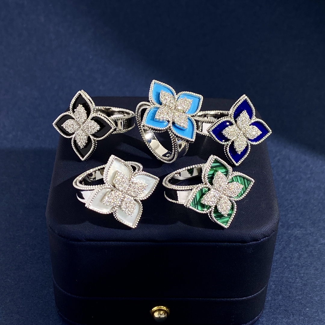 Roberto Coin Love in Verona Flower ring 18K white gold turquoise pave diamond US 7