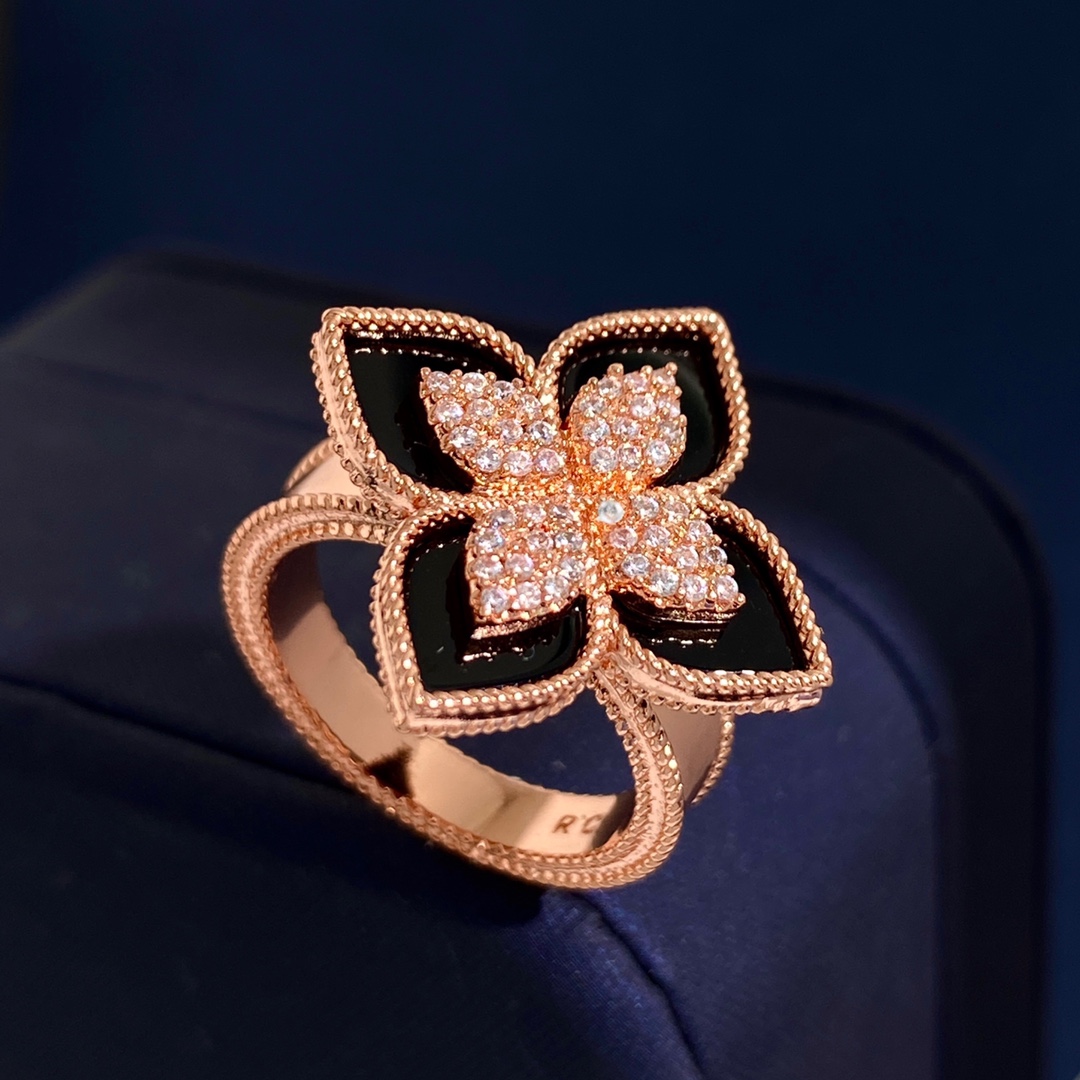 Anello Roberto Coin Princess Flower Oro rosa con lapislazzuli blu, onice nero e pavé di diamanti bianchi US 7