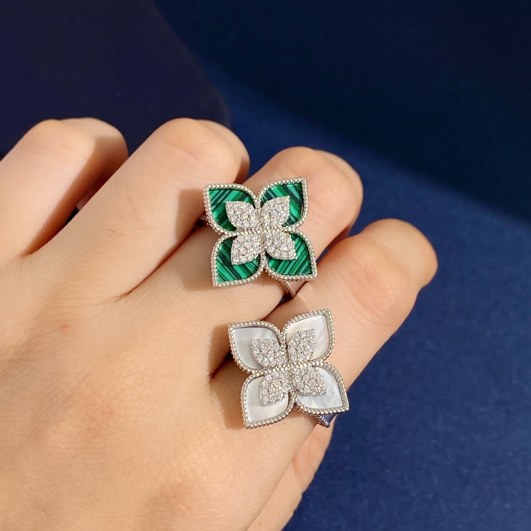 Roberto Coin Love in Verona Flower ring 18K white gold turquoise pave diamond US 7