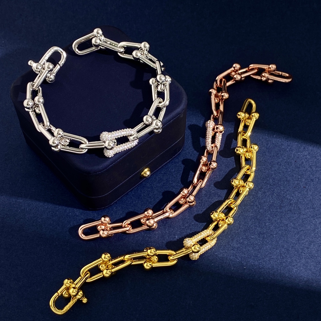 Tiffany & Co. TFN蒂芙尼新款环扣U型竹节单颗满钻粗版光面手链到货 黄铜材料电镀18K金 金银玫3个色
