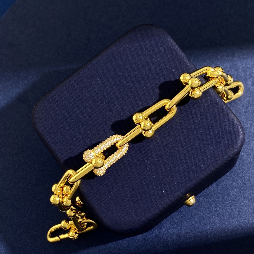Tiffany & Co. TFN蒂芙尼新款环扣U型竹节单颗满钻粗版光面手链到货 黄铜材料电镀18K金 金银玫3个色