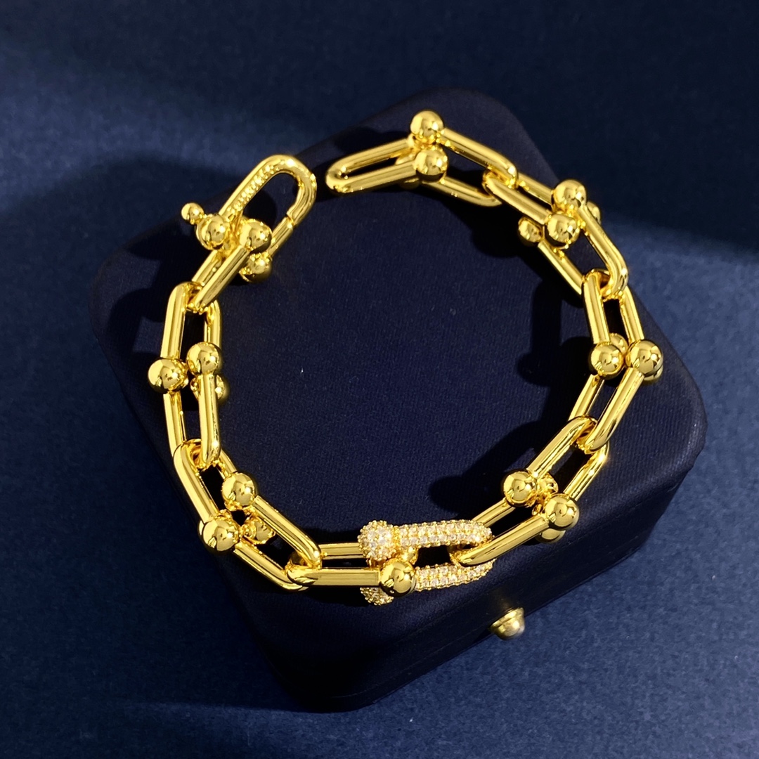 Tiffany & Co. TFN蒂芙尼新款环扣U型竹节单颗满钻粗版光面手链到货 黄铜材料电镀18K金 金银玫3个色