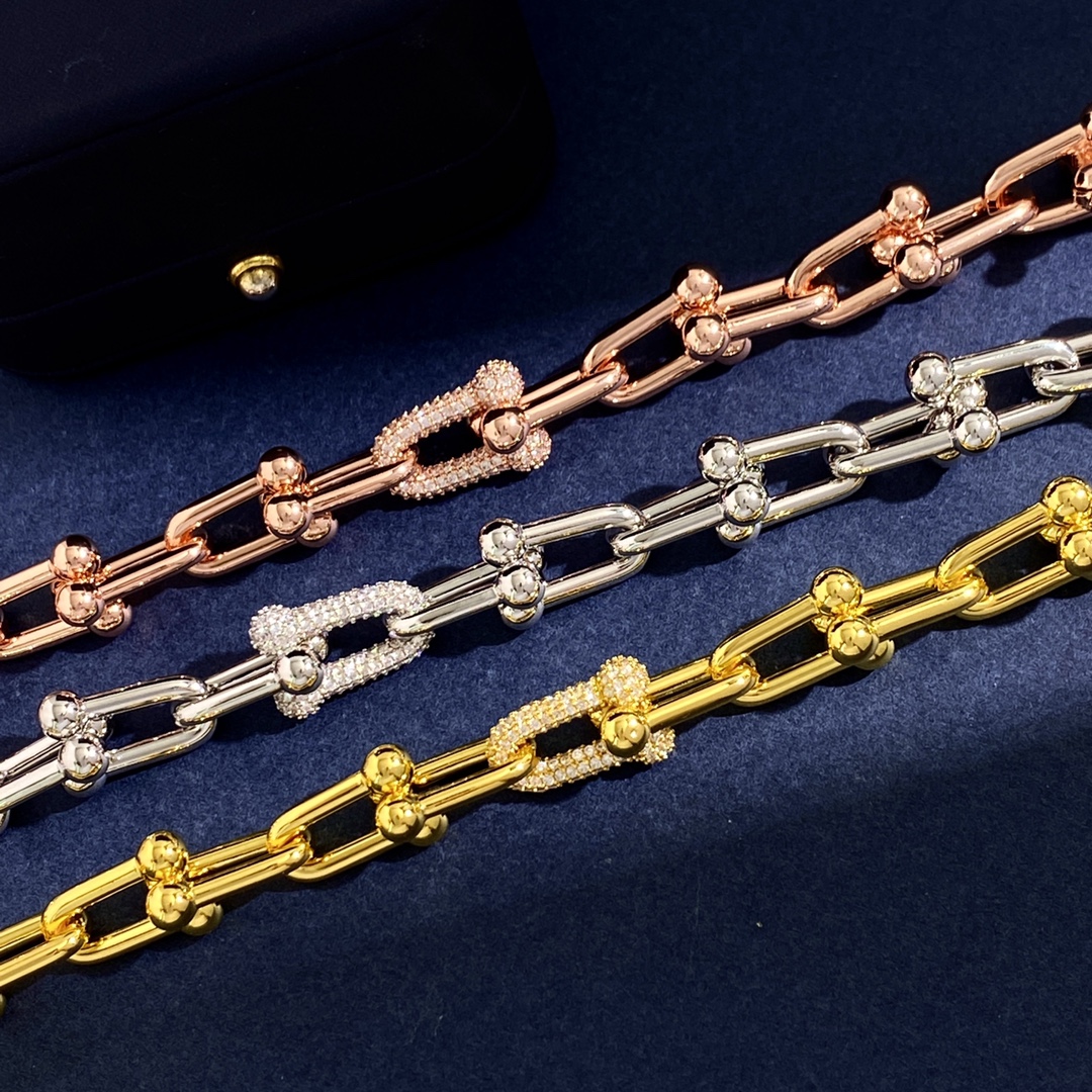 Tiffany & Co. TFN蒂芙尼新款环扣U型竹节单颗满钻粗版光面手链到货 黄铜材料电镀18K金 金银玫3个色