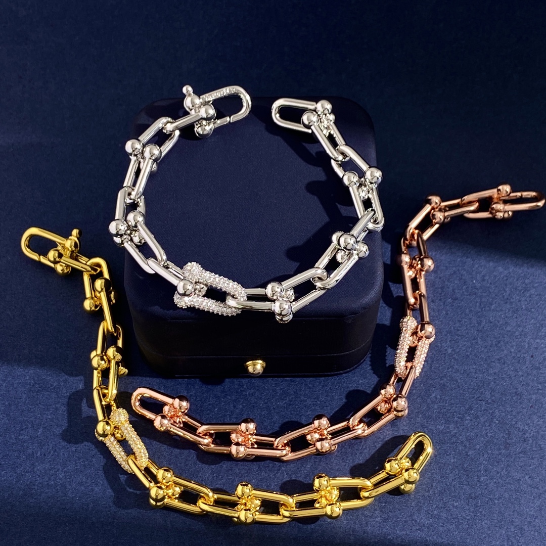 Tiffany & Co. TFN蒂芙尼新款环扣U型竹节单颗满钻粗版光面手链到货 黄铜材料电镀18K金 金银玫3个色