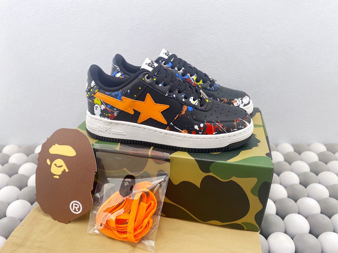BAPE STA LOW Tinta negra salpicada Desarrollo en cartón original Charol personalizado La mejor primera capa d…