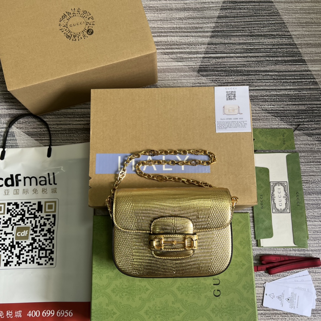 GUCCI 1955系列 蜥蜴纹皮 链条包 马衔扣