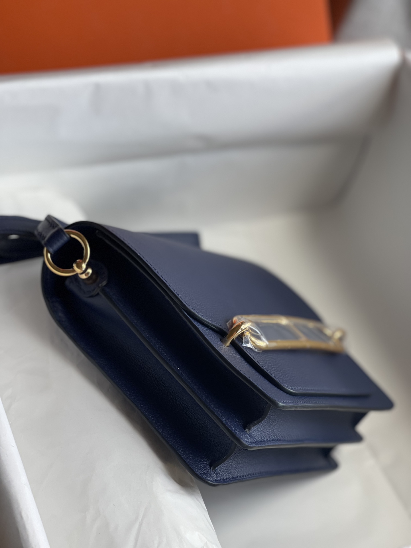 Hermès Pig nose bag Roulis 19cm picture sapphire blue gold and silver buckle ready stock Evercolor leather