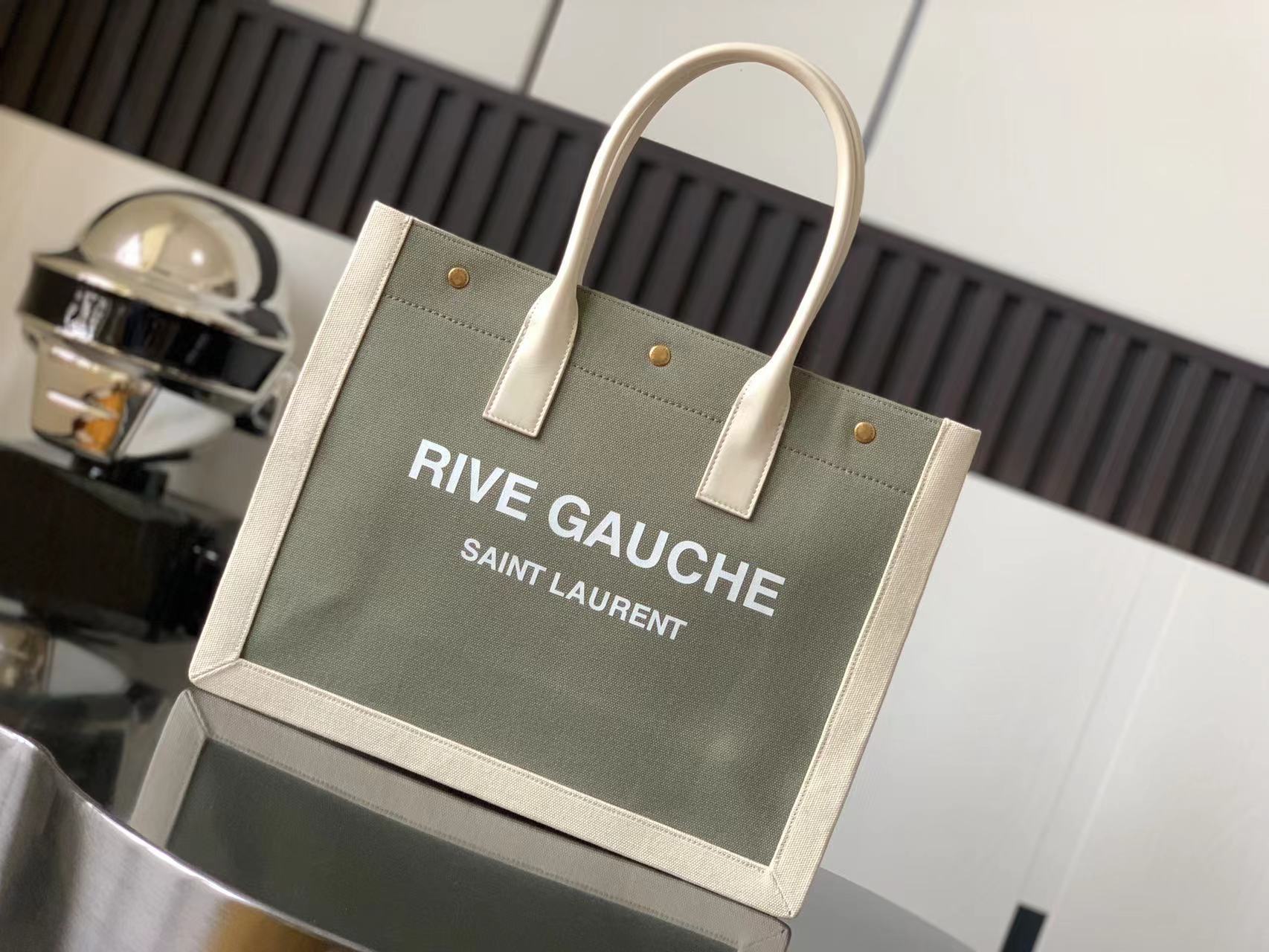 RIVE GAUCHE 帆布 托特包 绿白边 购物袋