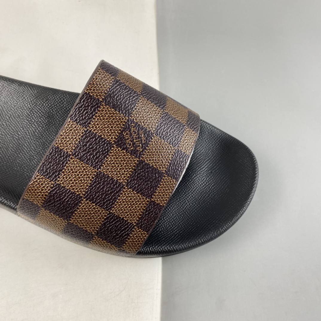 France's top luxury brand, Louis Vuitton Waterfront Mule Slides print summer fashion wear indoor and outdoor beach slippers ”leather dark brown black checkerboard”