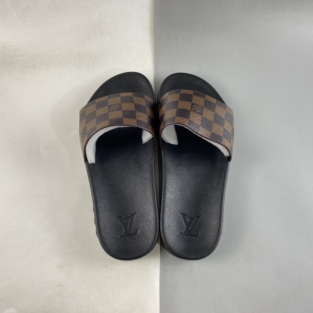 France's top luxury brand, Louis Vuitton Waterfront Mule Slides print summer fashion wear indoor and outdoor beach slippers ”leather dark brown black checkerboard”