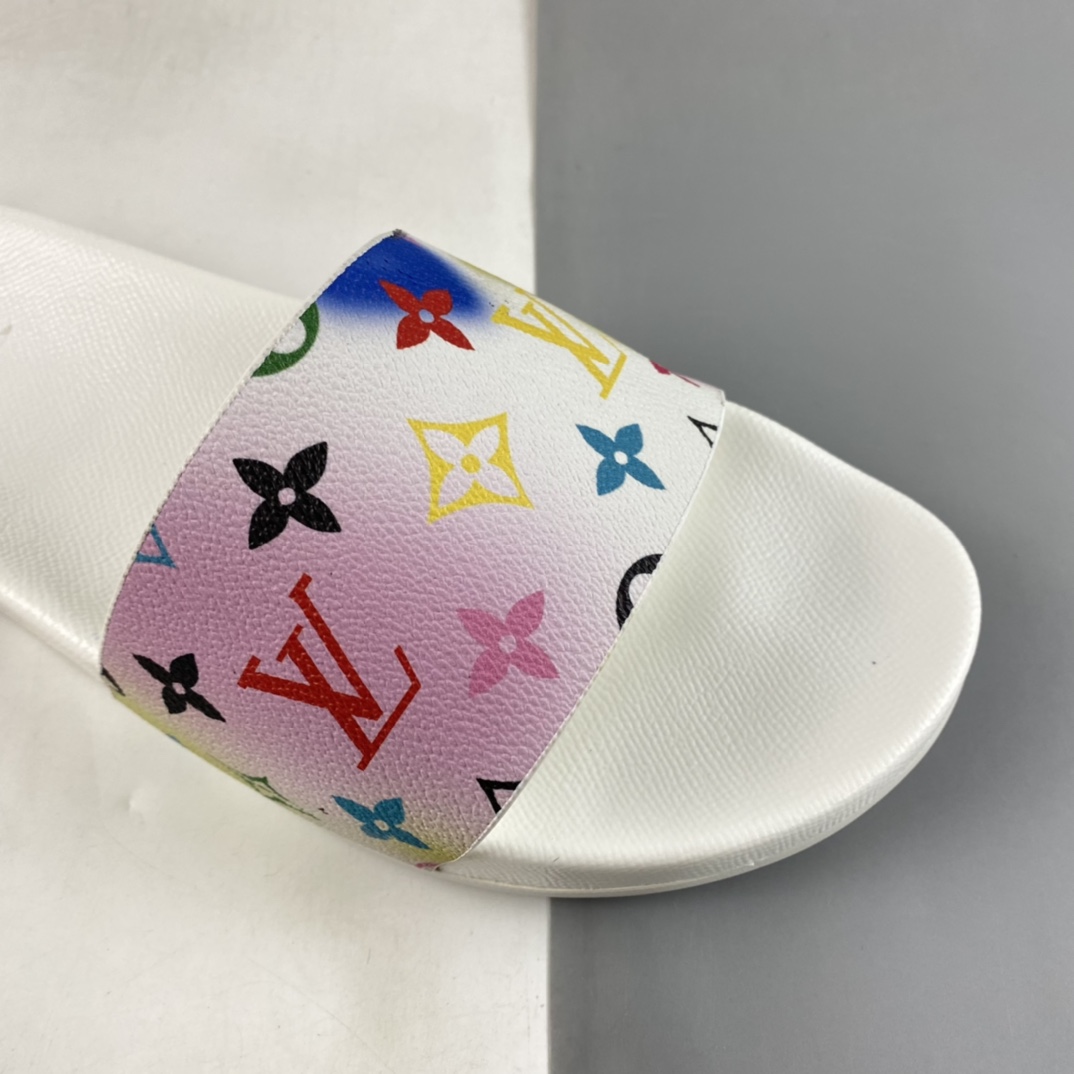 France's top luxury brand, Louis Vuitton Waterfront Mule Slides print summer fashion wear indoor and outdoor beach slippers ”leather white color tie-dye old flower”