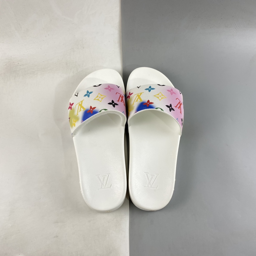 France's top luxury brand, Louis Vuitton Waterfront Mule Slides print summer fashion wear indoor and outdoor beach slippers ”leather white color tie-dye old flower”