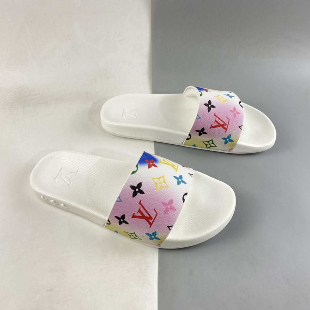 France's top luxury brand, Louis Vuitton Waterfront Mule Slides print summer fashion wear indoor and outdoor beach slippers ”leather white color tie-dye old flower”