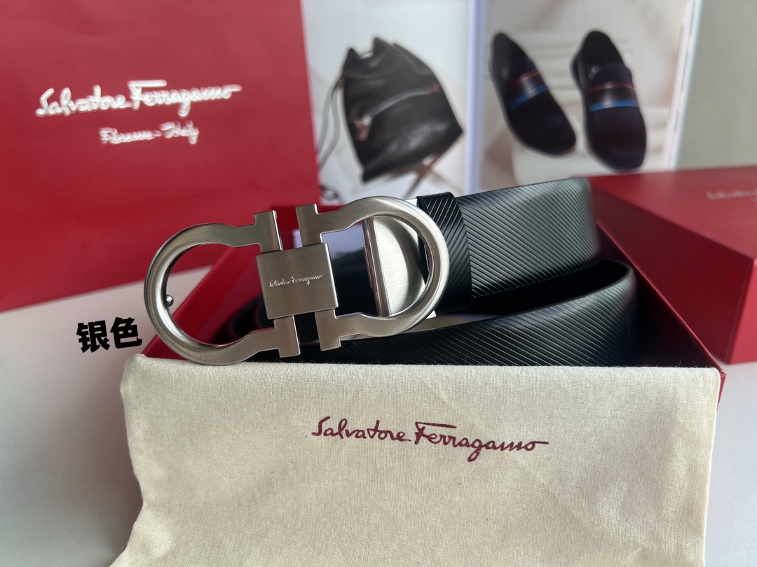 Ferragamo菲拉格慕    头层牛皮压纹图案Gancini金属扣男士3.5cm腰带