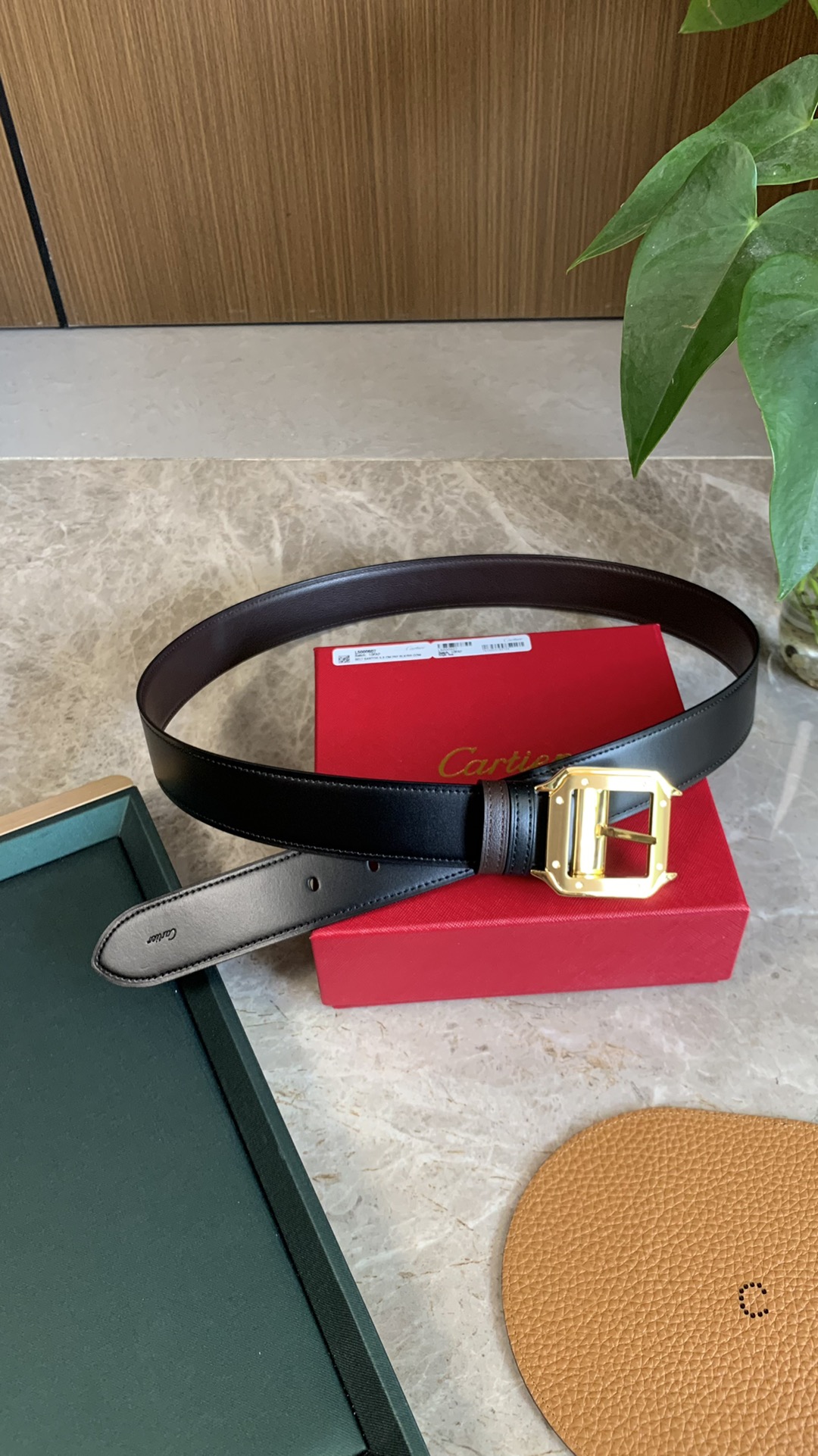 镀钯饰面针扣式皮带 Cartier标志 黑色与棕色牛皮双面皮带 浮雕“Cartier”标志