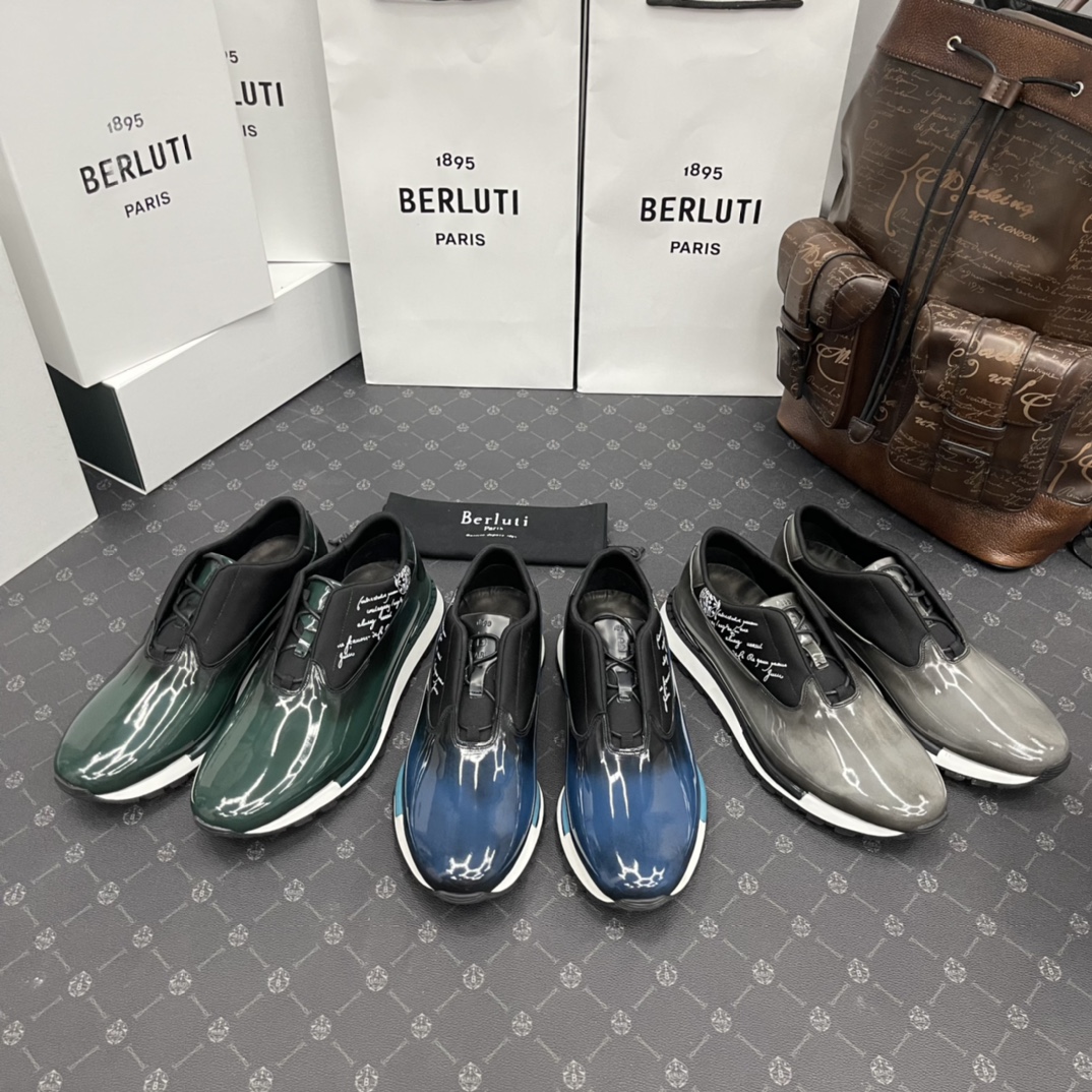 Berlut*布鲁提第三代升级版大底最新款运动男士休闲运动鞋跑鞋采用进口开边珠亮牛皮拼接改色牛胚皮打造5