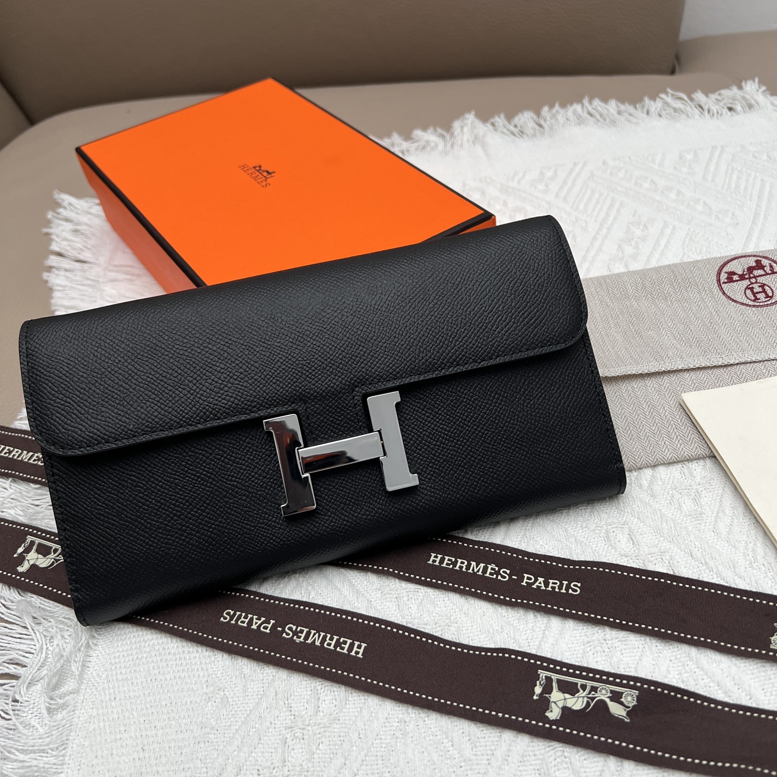 Hermès Constance Portemonnee - Handpalmprint met Zilveren Sluiting - 22x11cm