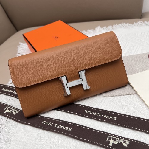Hermes Constance Wallet in Brown Leather with Silver Hardware, 22cm