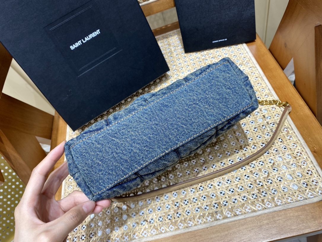 YSL LOULOU PUFFER 23CM 牛仔布纹迷你绗缝包 620333