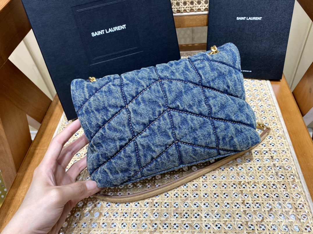 YSL LOULOU PUFFER 23CM 牛仔布纹迷你绗缝包 620333