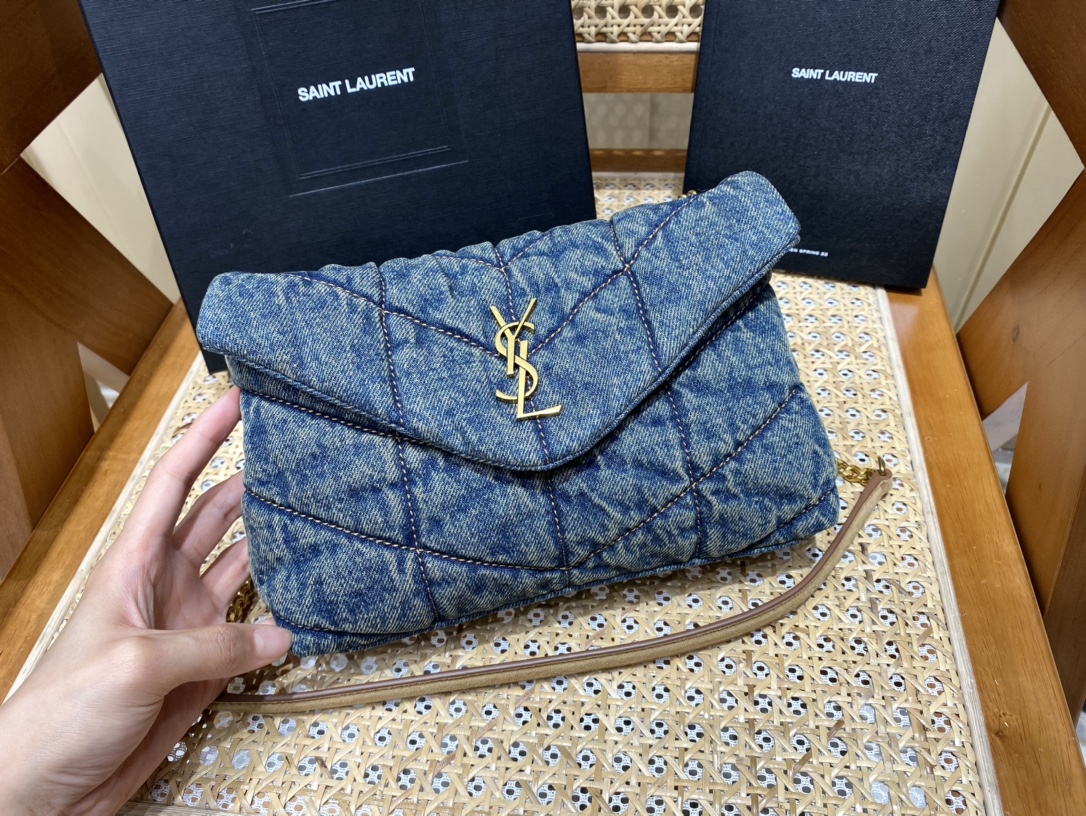 YSL LOULOU PUFFER 23CM 牛仔布纹迷你绗缝包 620333