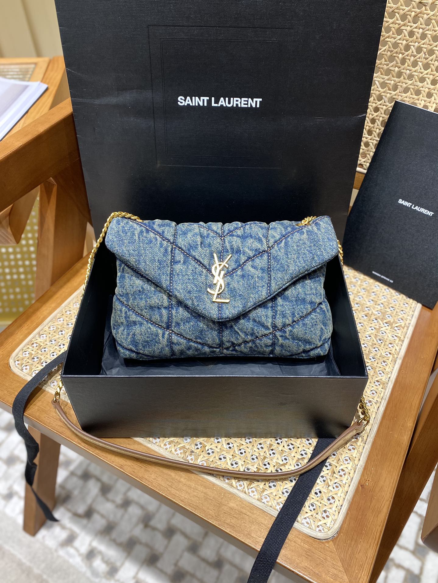 YSL LOULOU PUFFER 23CM 牛仔布纹迷你绗缝包 620333
