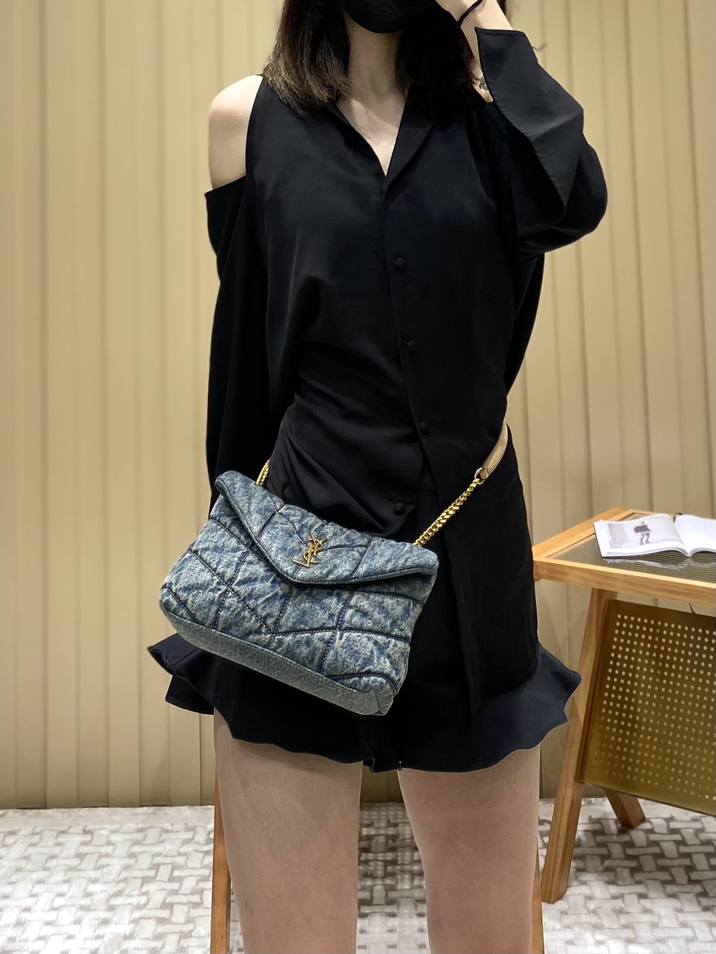 YSL LOULOU PUFFER 23CM 牛仔布纹迷你绗缝包 620333