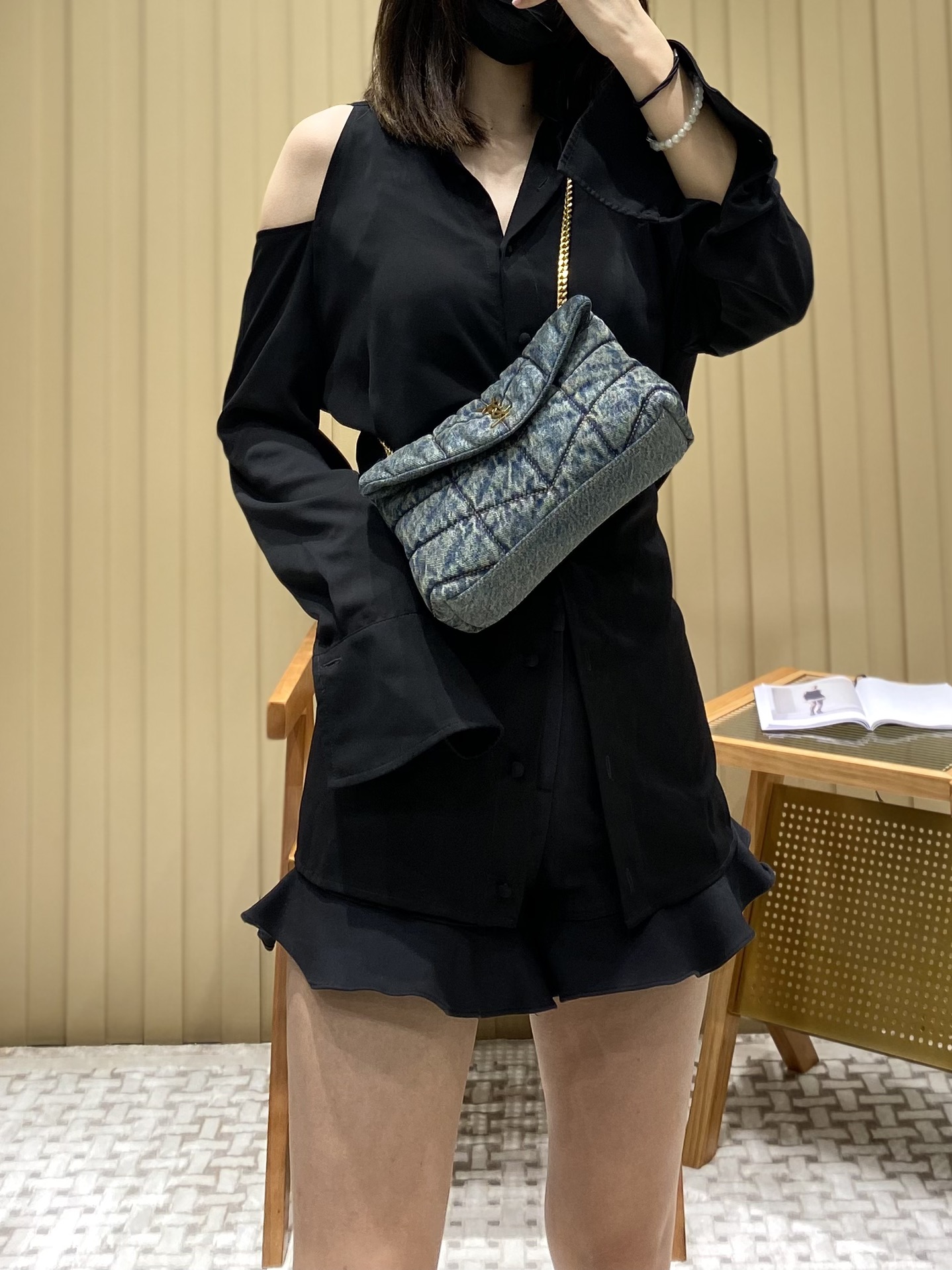 YSL LOULOU PUFFER 23CM 牛仔布纹迷你绗缝包 620333