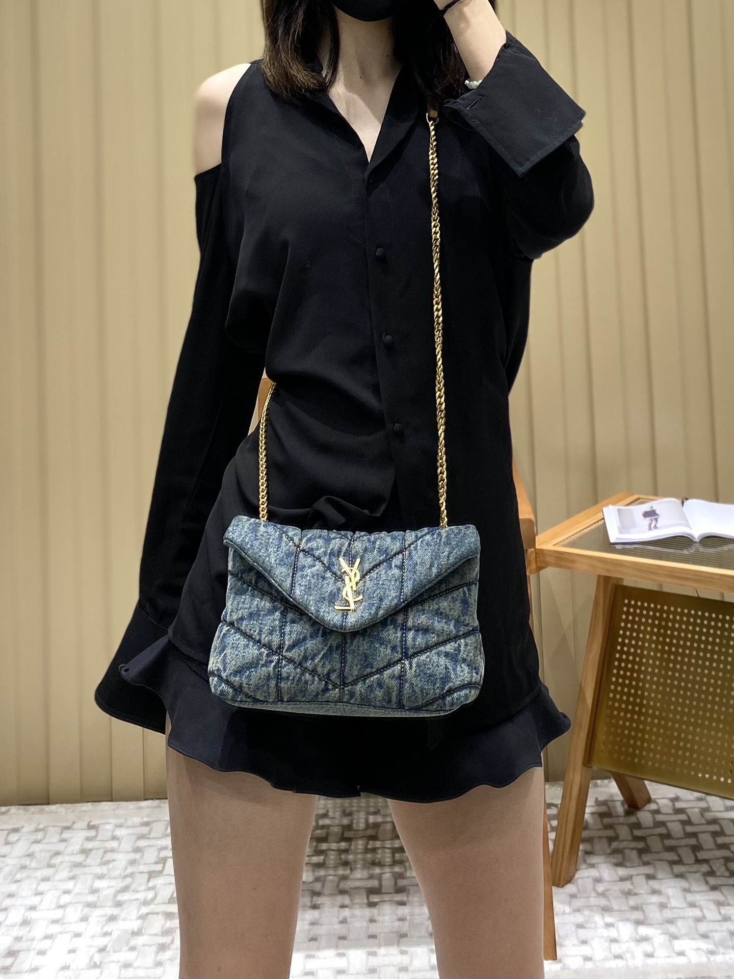 YSL LOULOU PUFFER 23CM 牛仔布纹迷你绗缝包 620333