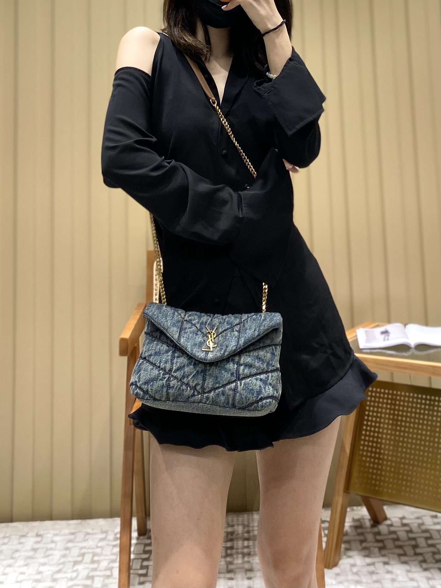 YSL LOULOU PUFFER 23CM 牛仔布纹迷你绗缝包 620333