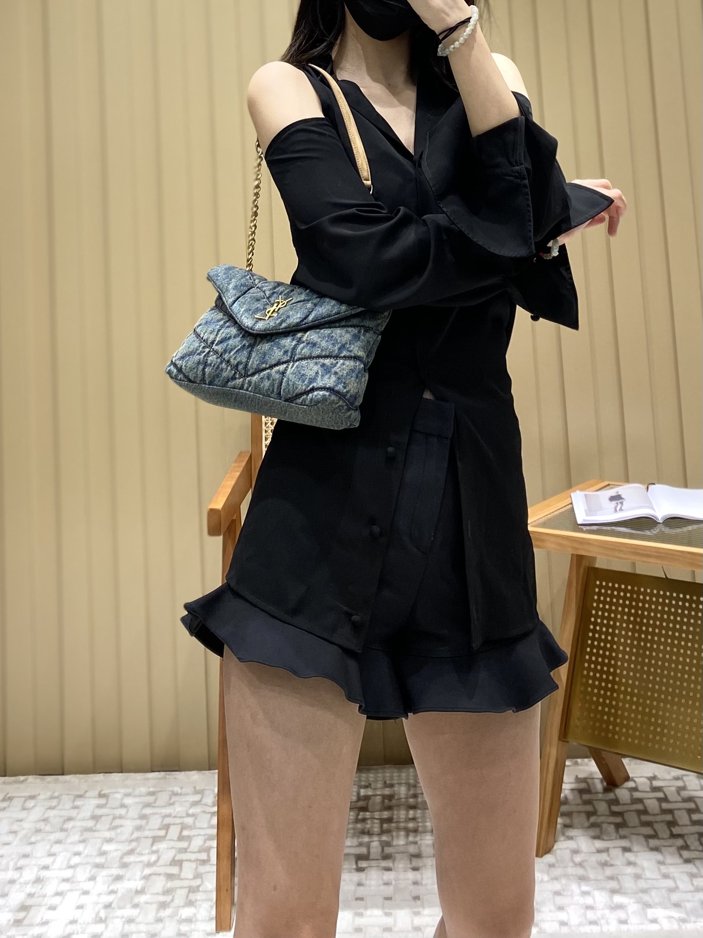 YSL LOULOU PUFFER 23CM 牛仔布纹迷你绗缝包 620333