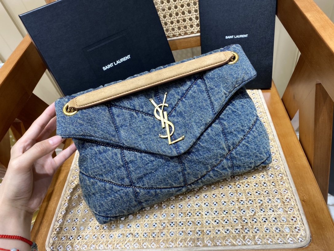 YSL LOULOU PUFFER 29CM 牛仔布纹小号绗缝包 577476