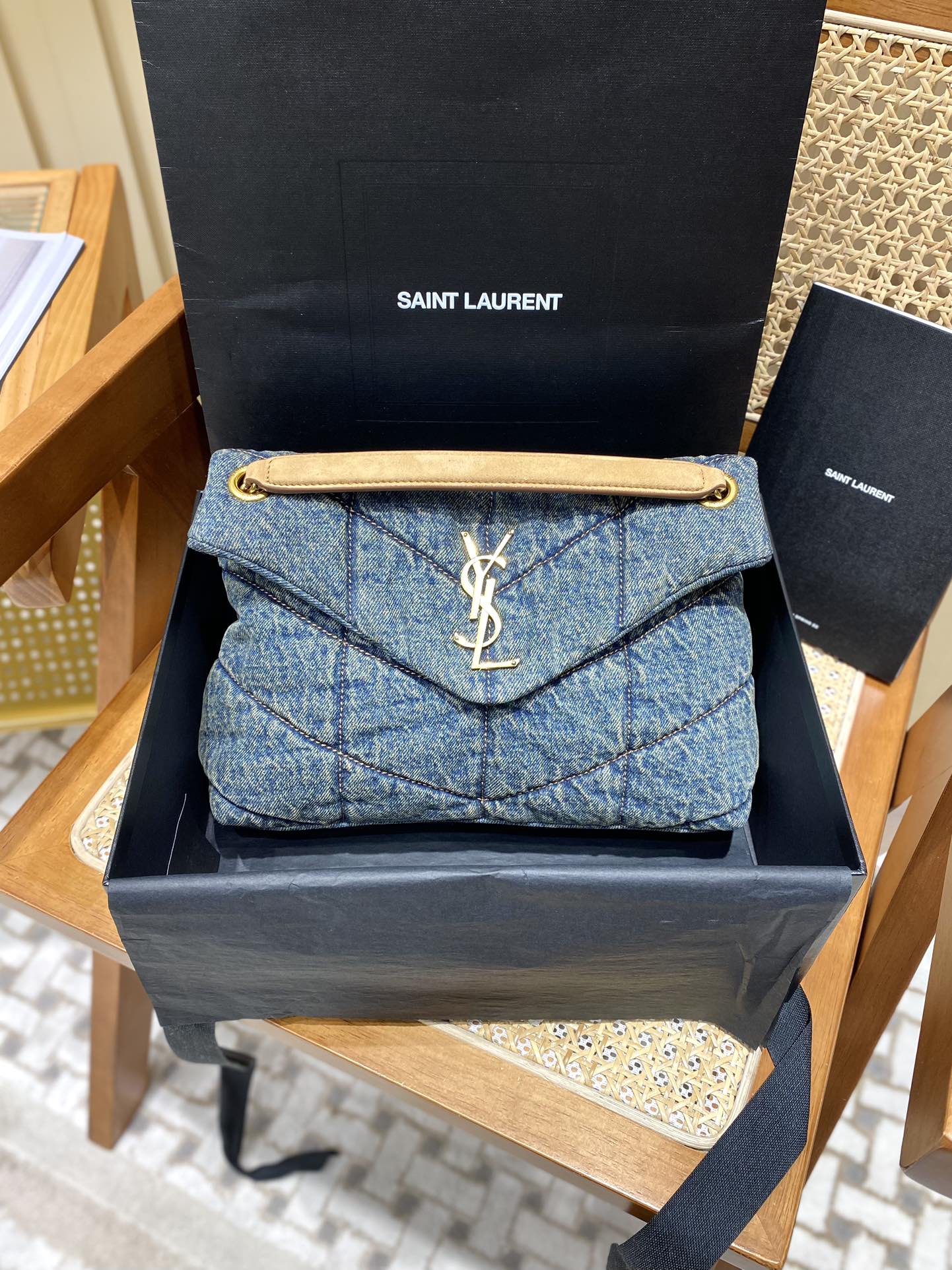 YSL LOULOU PUFFER 29CM 牛仔布纹小号绗缝包 577476