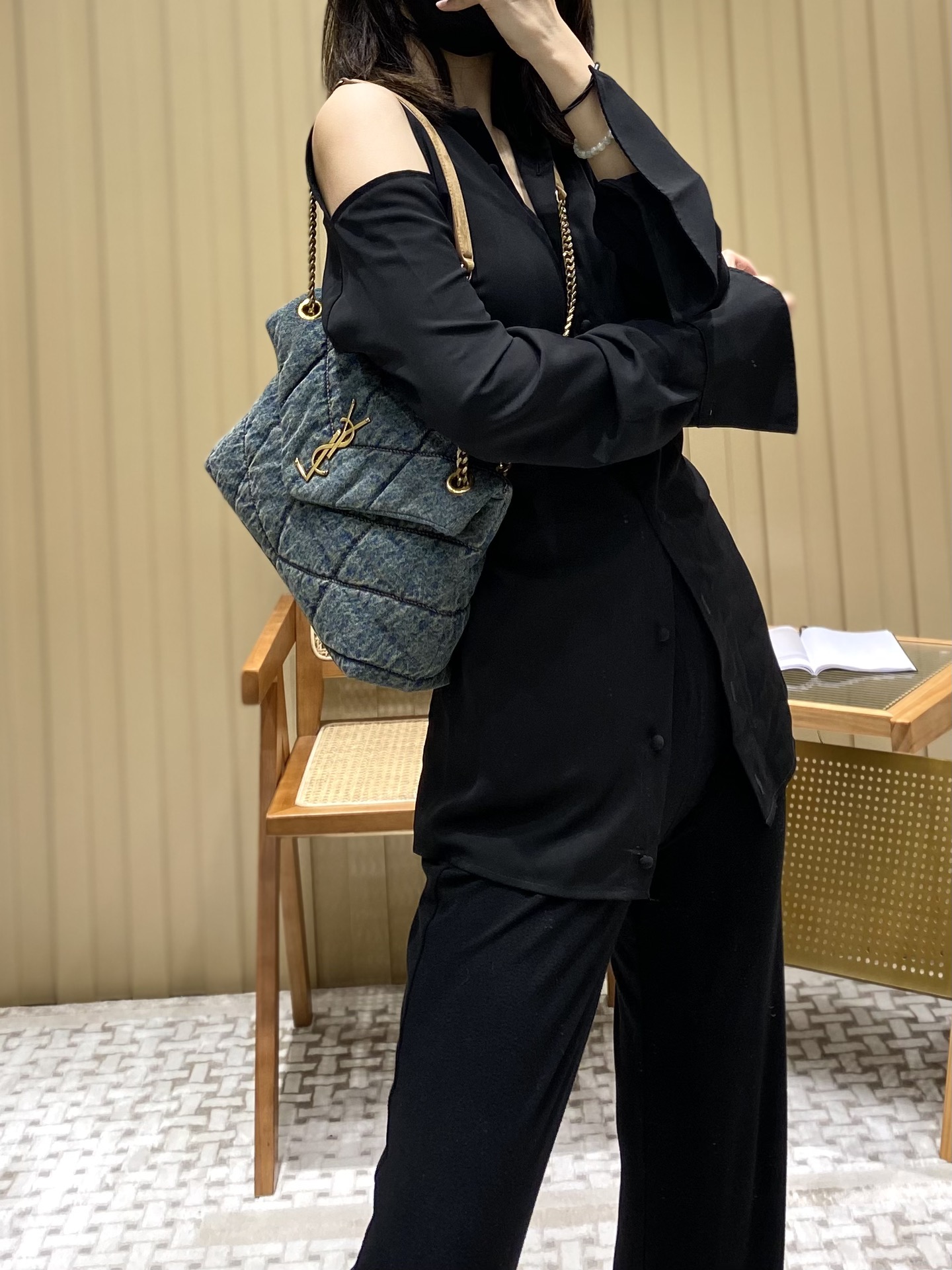 YSL LOULOU PUFFER 29CM 牛仔布纹小号绗缝包 577476