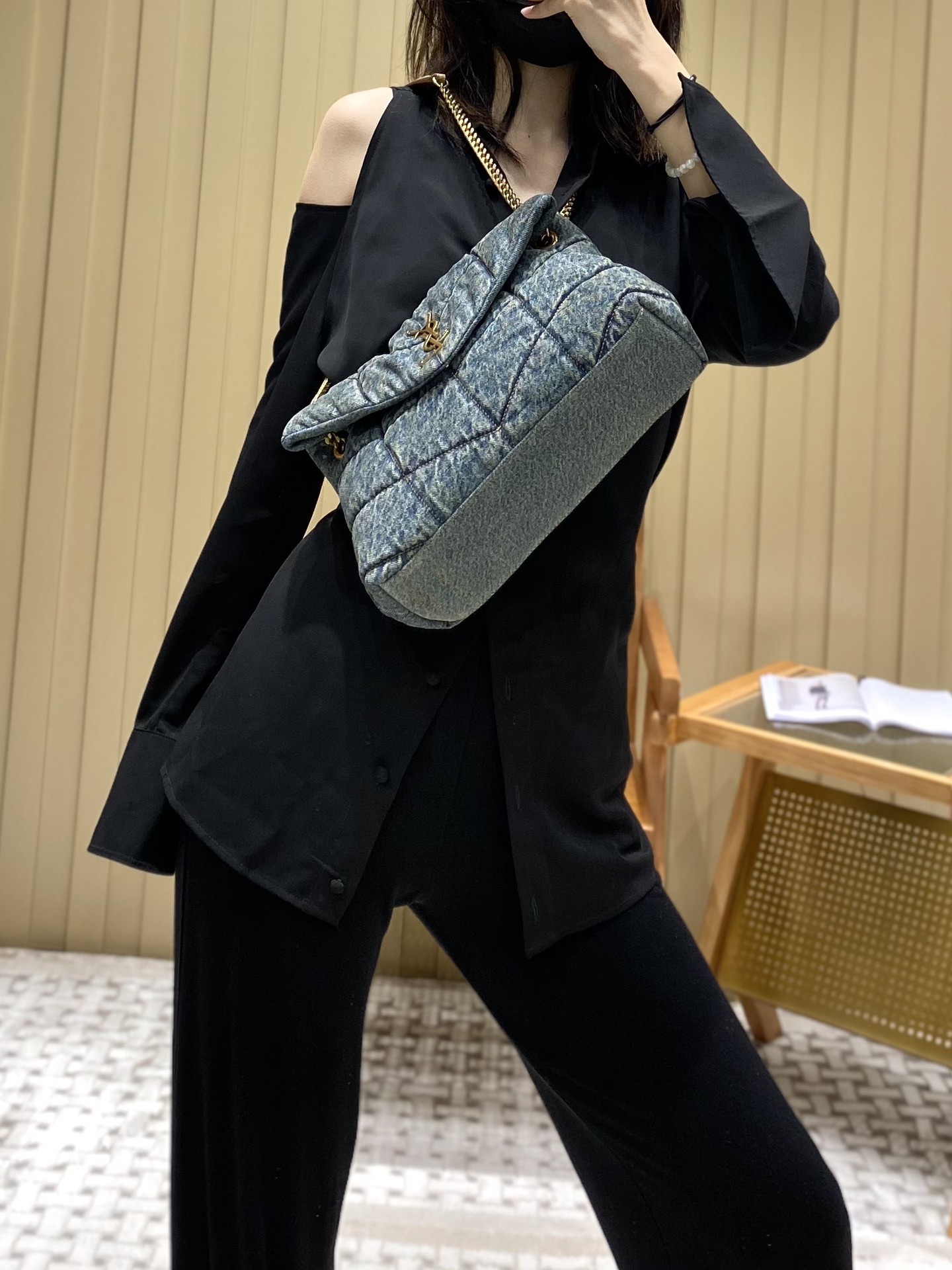 YSL LOULOU PUFFER 29CM 牛仔布纹小号绗缝包 577476