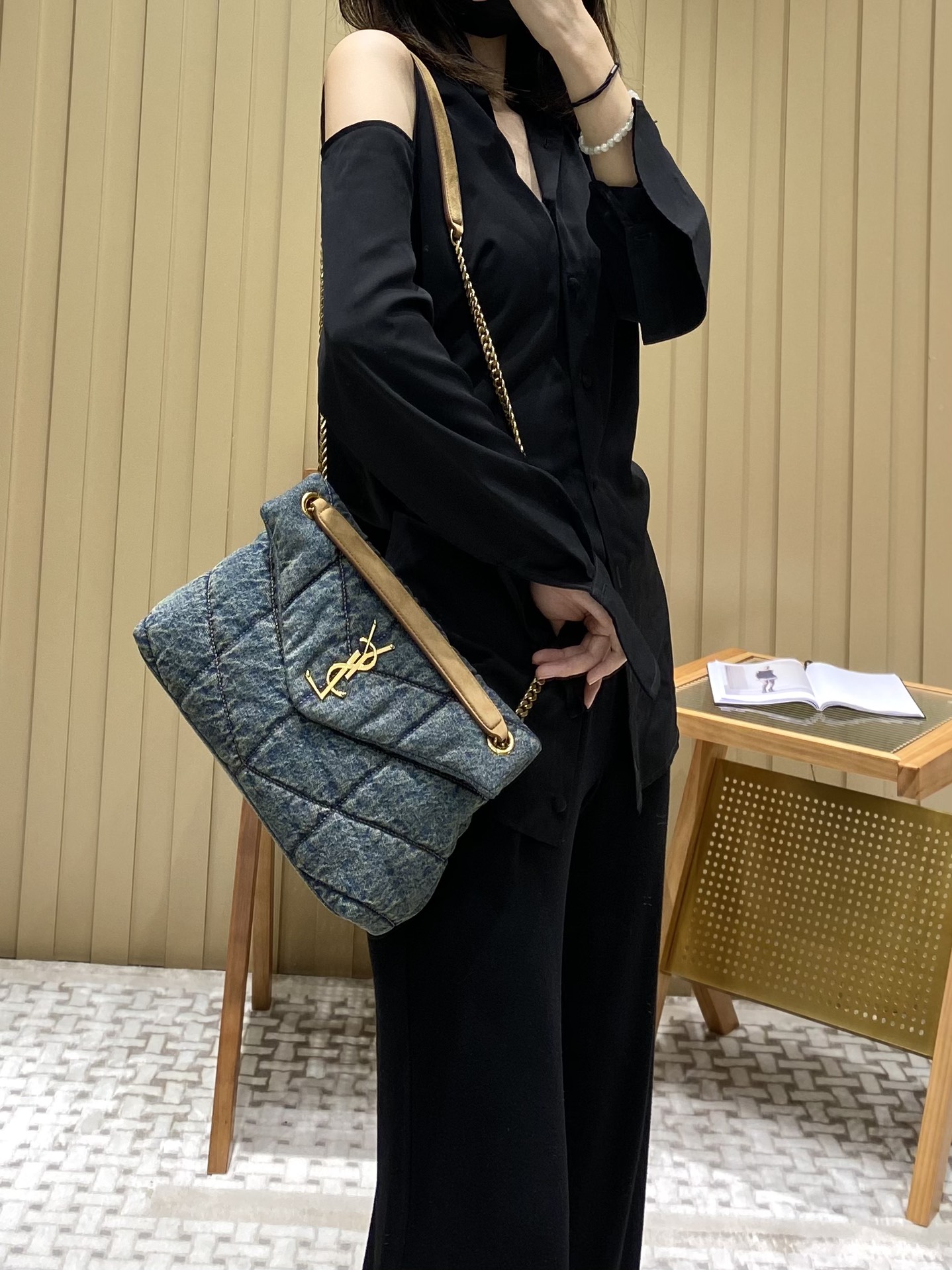 YSL LOULOU PUFFER 29CM 牛仔布纹小号绗缝包 577476