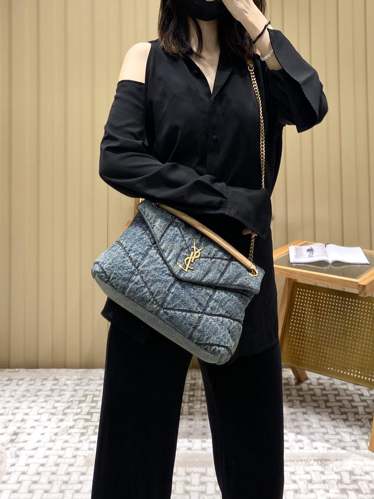 YSL LOULOU PUFFER 29CM 牛仔布纹小号绗缝包 577476